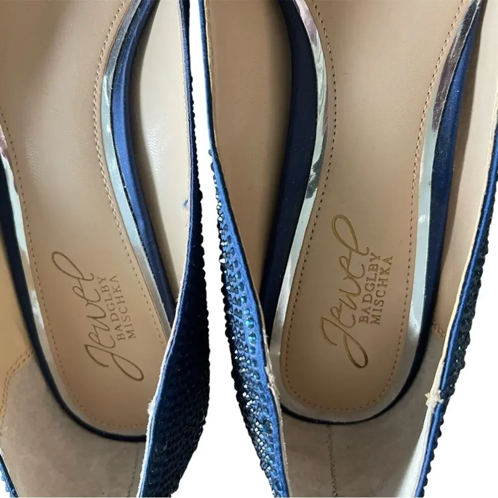Badgley Mischka NEW Pointed Toe Kitten Heels, French Navy Crystals, 8.5